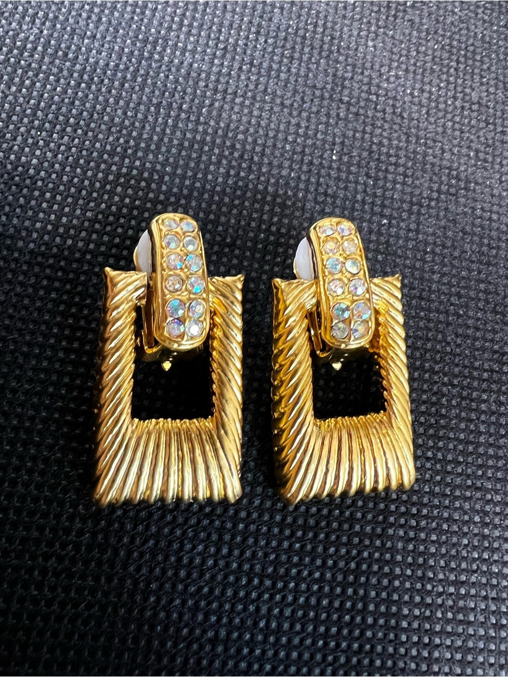 Gold-Tone Rectangular Clip-On Earrings with Crystal Accents- Vintage 80-90’ Era